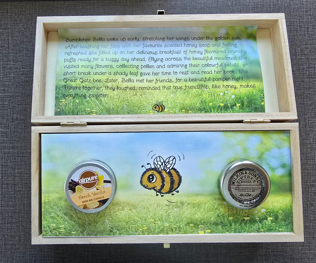 Wooden keepsake gift box with bee themed gifts