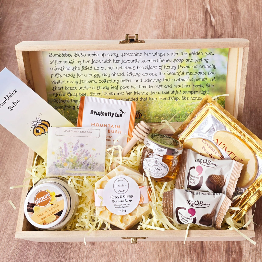 Wooden keepsake gift box with bee themed gifts